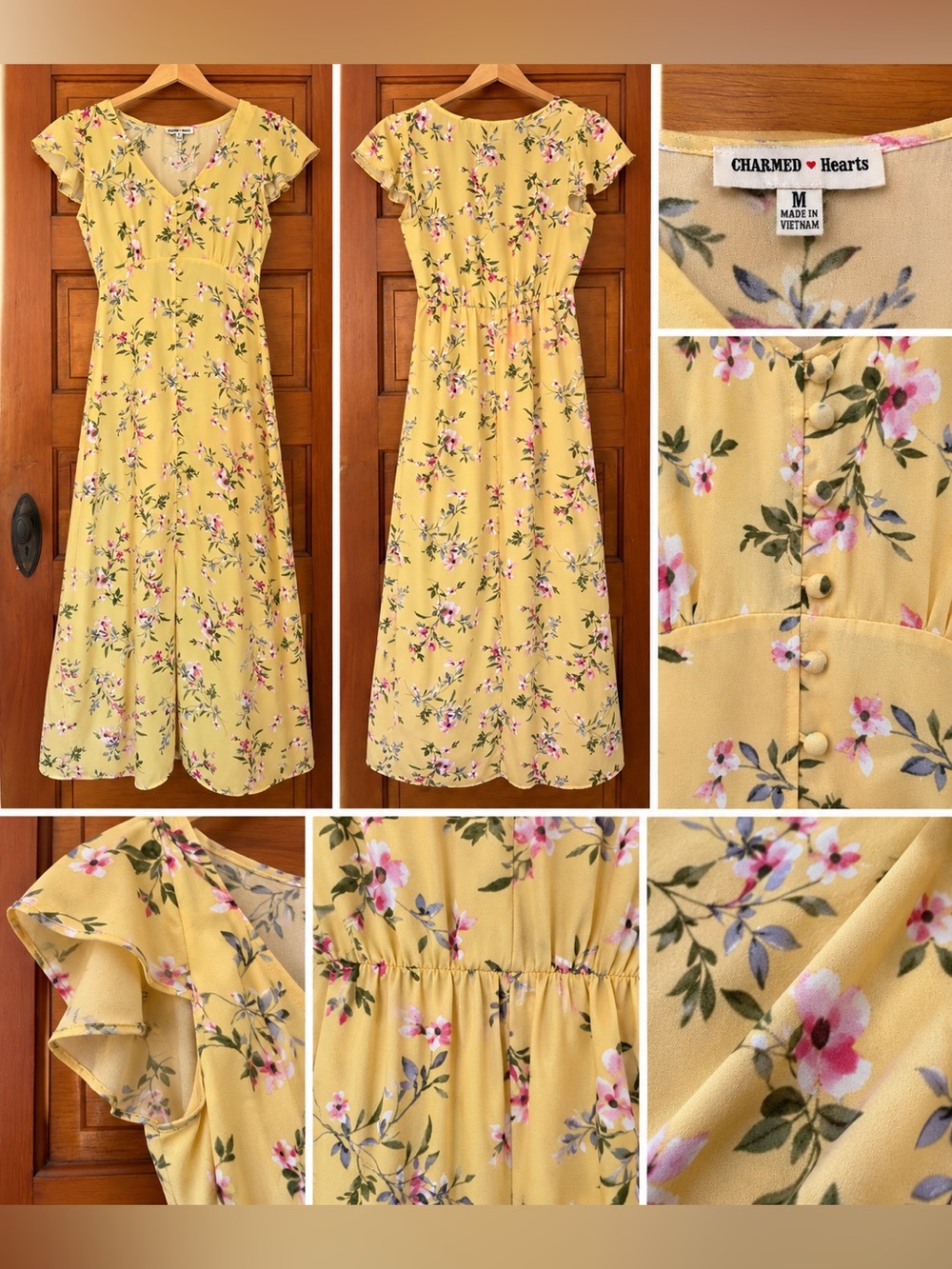 Charmed Hearts Yellow Floral Maxi Dress Size Medium Flutter Sleeve